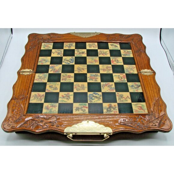 Asian Chess Set Hand Carved Soapstone Resin Wood Fold Storage Case 8 Fairies Vtg - Picture 2 of 13